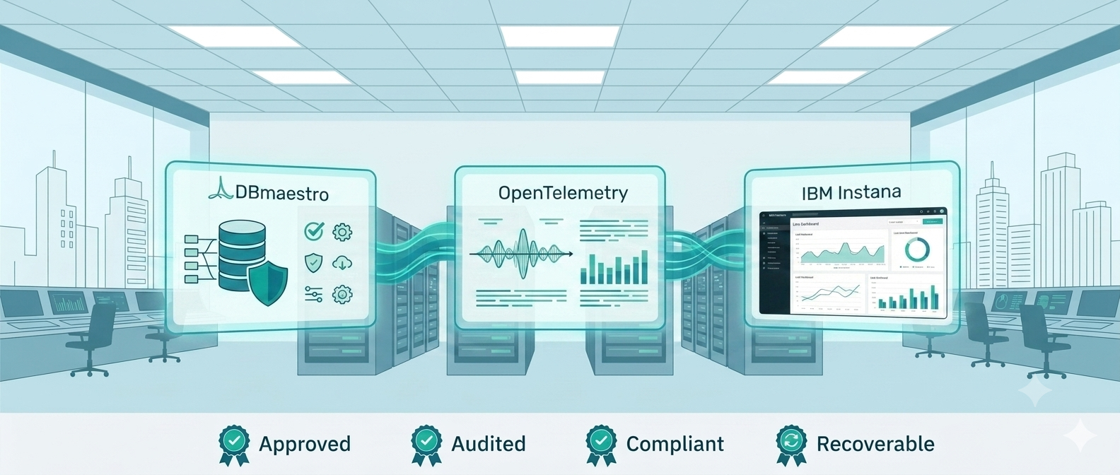 OpenTelemetry IBM Instana and DBmaestro connected in an enterprise data center for elite software delivery observability