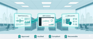 OpenTelemetry IBM Instana and DBmaestro connected in an enterprise data center for elite software delivery observability