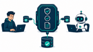 Human developer and AI agent database changes passing through the same DBmaestro governance before reaching the database