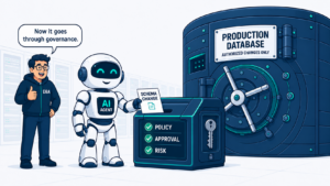AI agent submitting a schema change through the governed database gateway with policy, approval, and risk checks