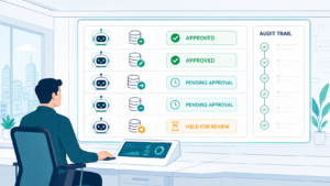 Human operator watching a governance dashboard of AI agent database changes with approval statuses and an audit trail