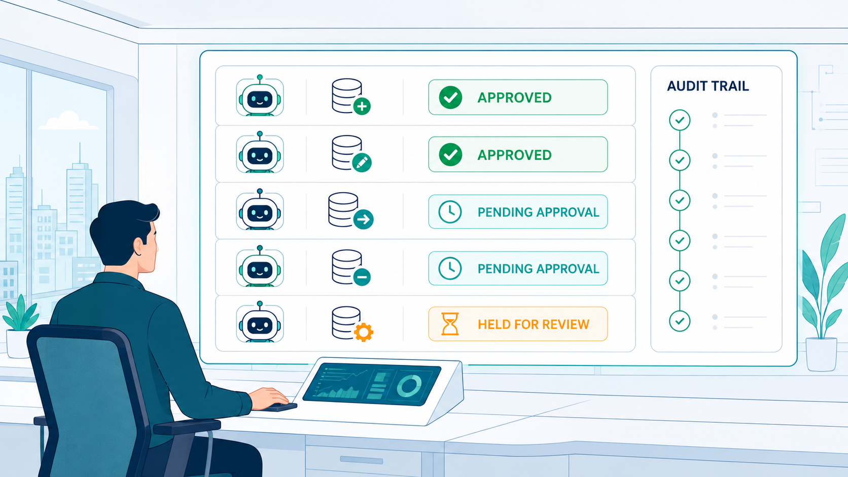 Human operator watching a governance dashboard of AI agent database changes with approval statuses and an audit trail