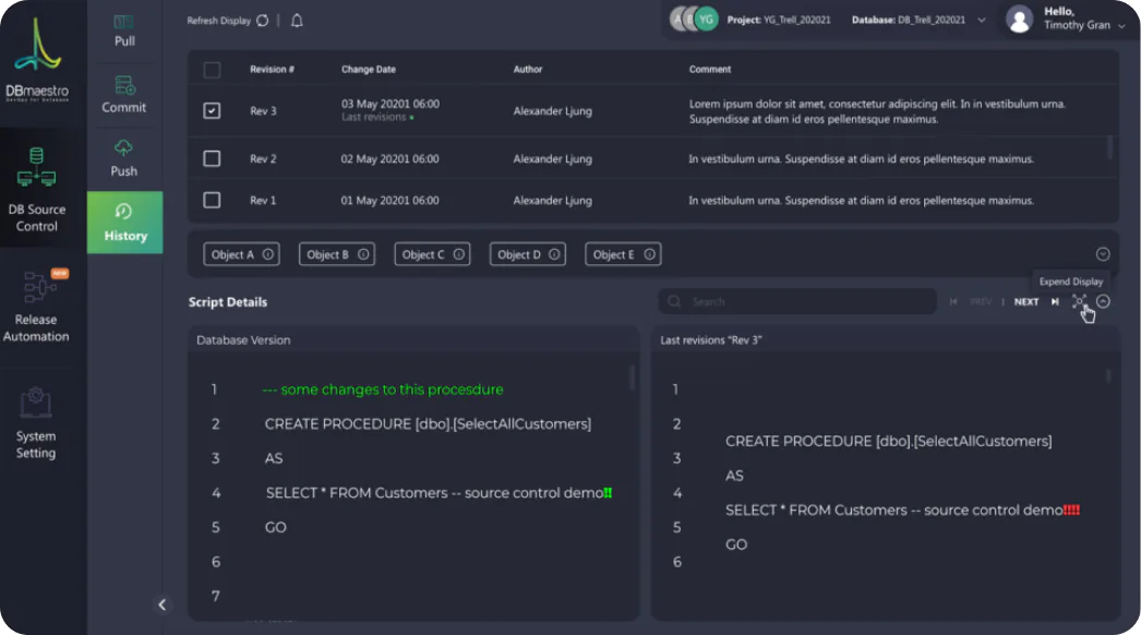 DBmaestro revision history showing a complete audit trail of database changes