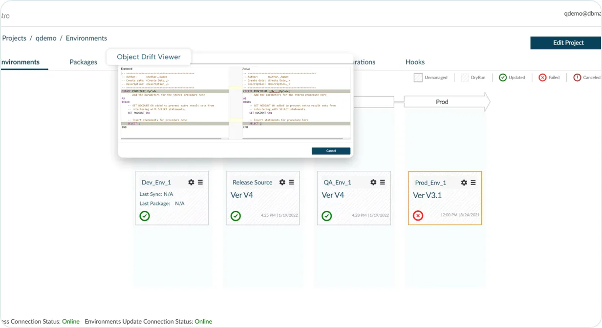 DBmaestro configuration drift detection comparing environment schemas