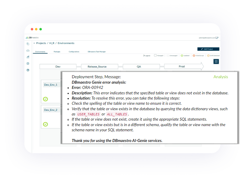 DBmaestro Genie AI assistant analyzing a database release and recommending a fix - 00942