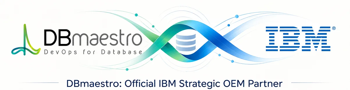 DBmaestro and IBM logos connected by an intertwined data ribbon - DBmaestro is an official IBM strategic OEM partner