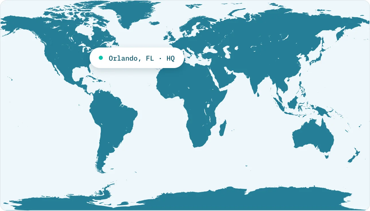 World map highlighting DBmaestro headquarters in Orlando Florida