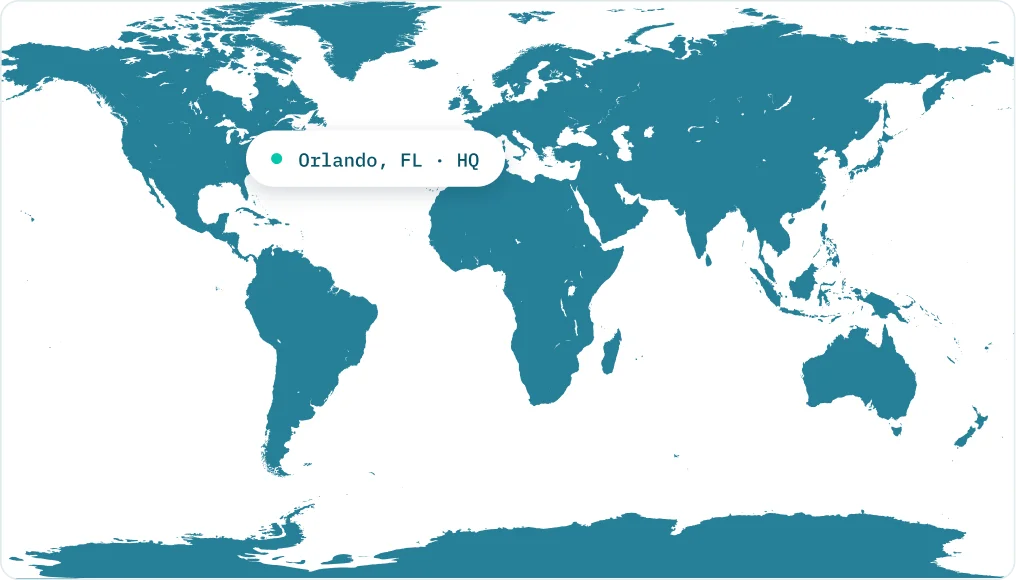 World map highlighting DBmaestro headquarters in Orlando Florida