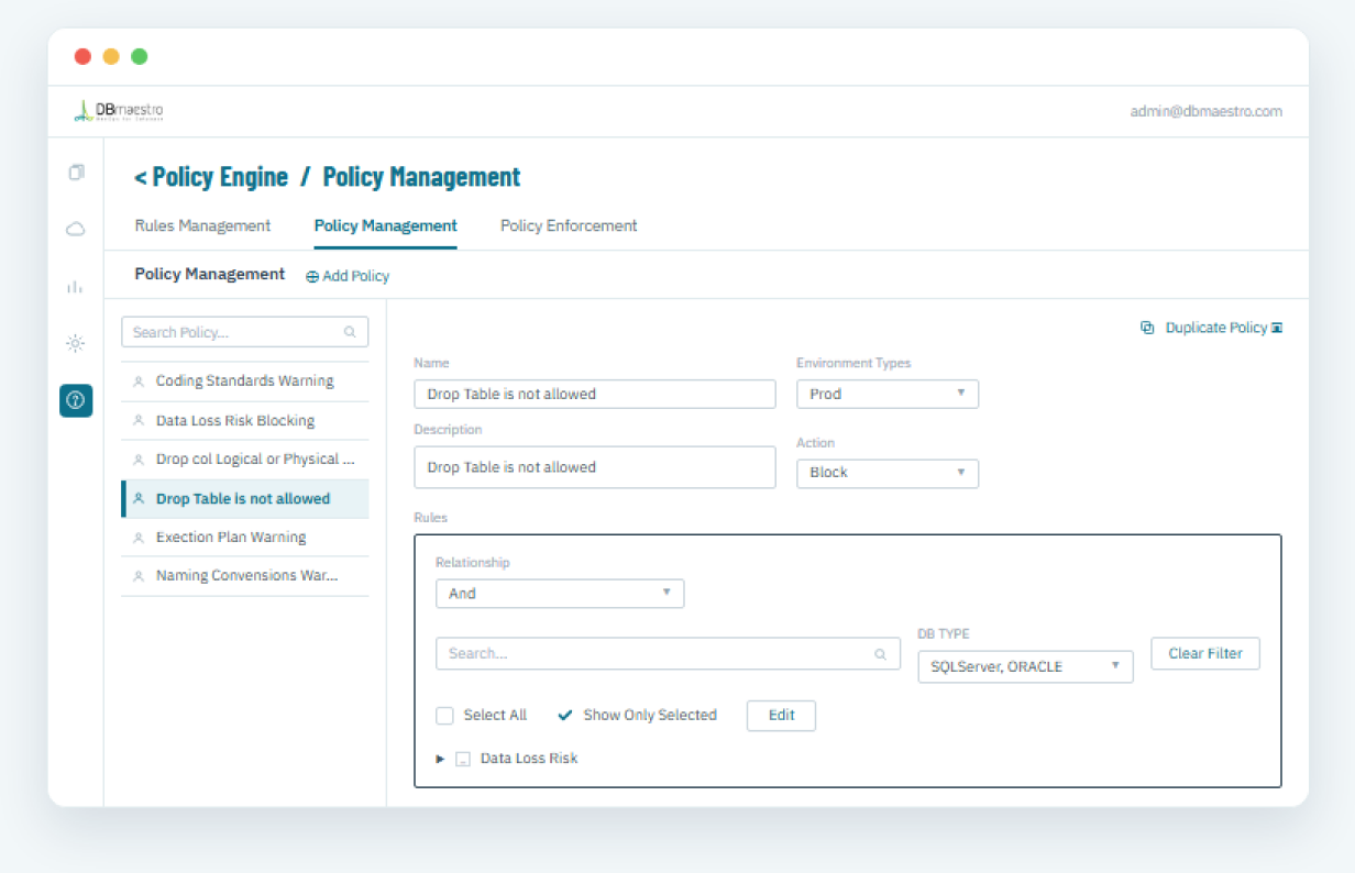 DBmaestro security policy enforcement for database changes