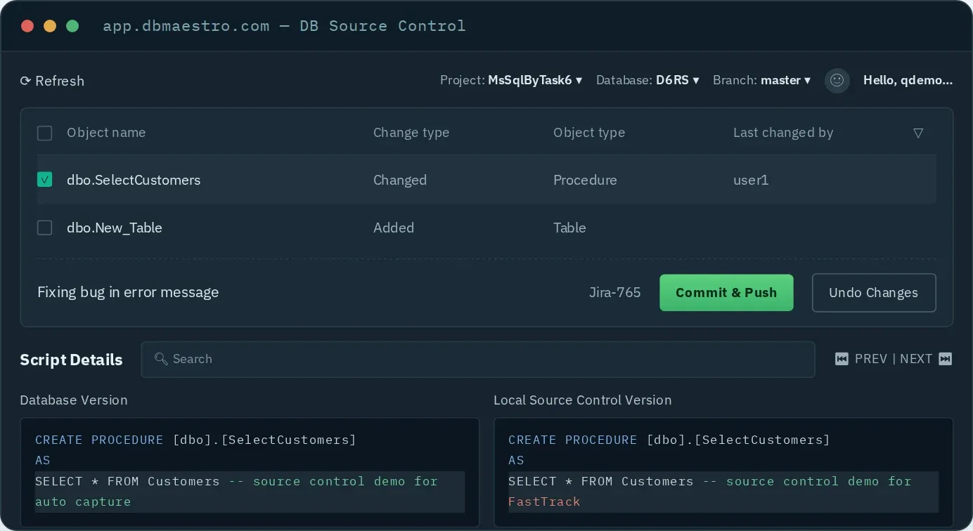 DBmaestro database source control diff comparing two schema versions