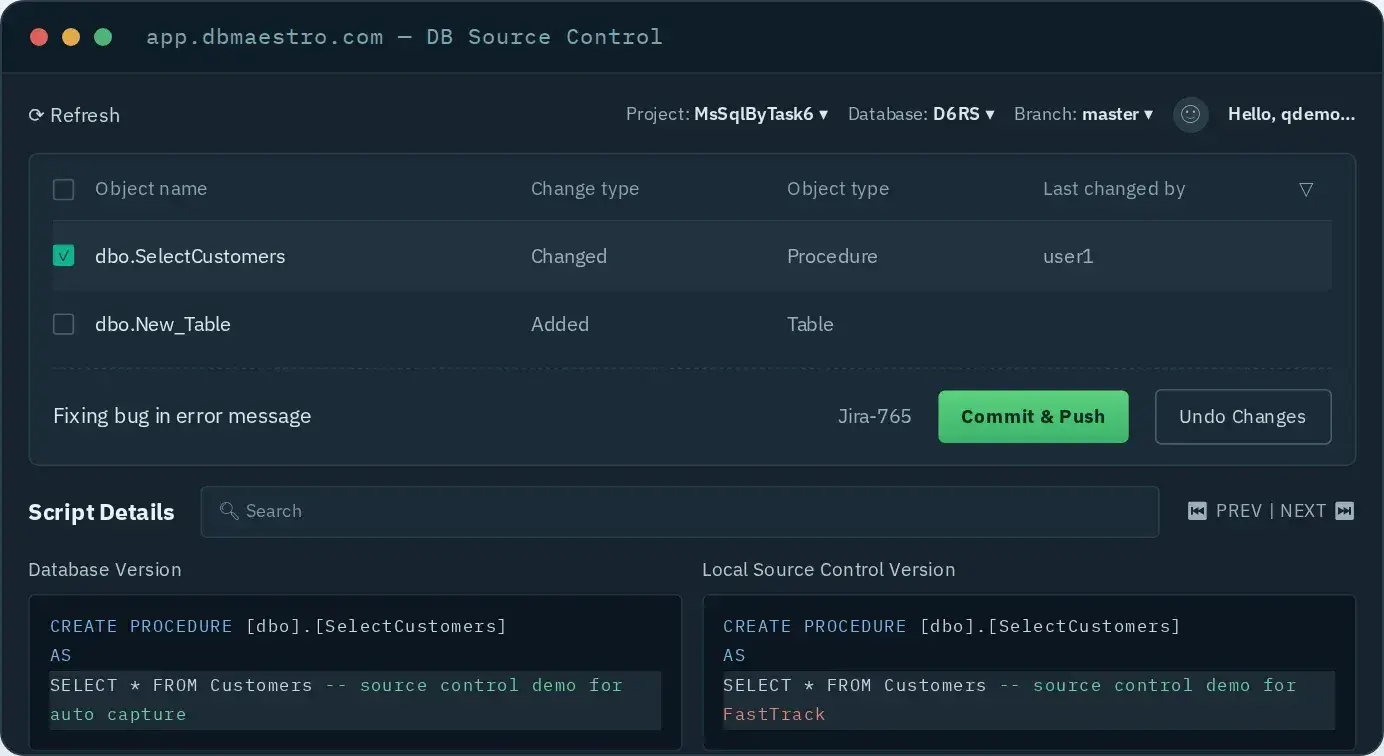 DBmaestro database source control diff comparing two schema versions